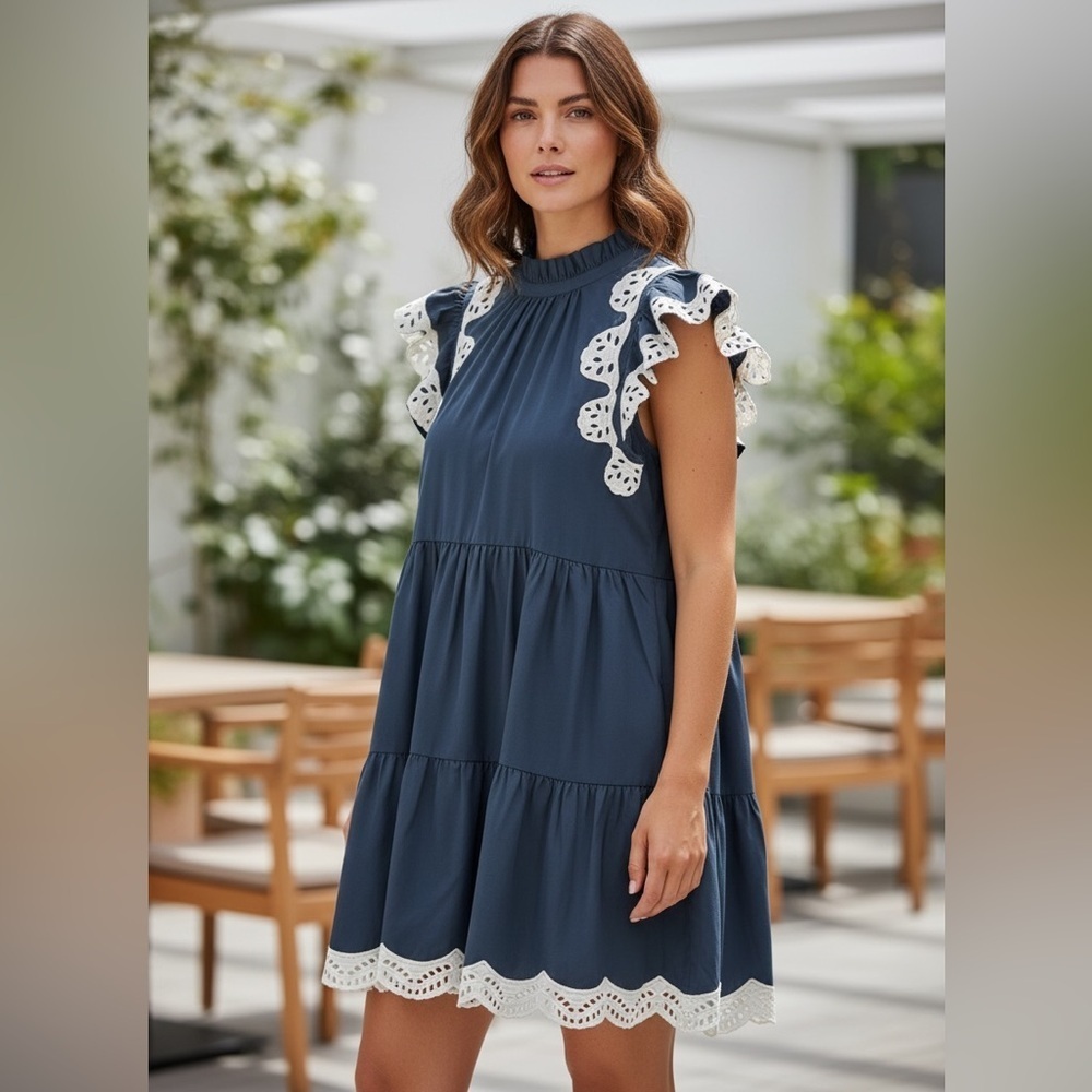 JODIFL Navy Dress with White Eyelet Trim